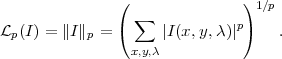                (               )1∕p
Lp (I ) = ∥I∥p = ( ∑  |I(x,y,λ)|p)   .
                 x,y,λ

